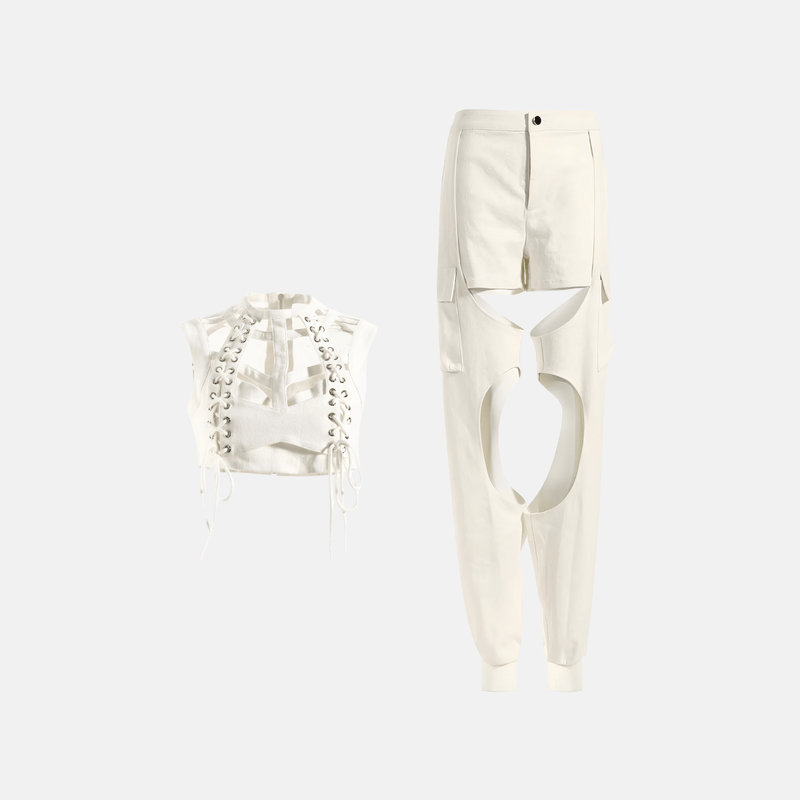 Conjunto feminino cropped com amarração frontal e calça cargo com recortes vazados branco Zebda VIEUX OFICIAL