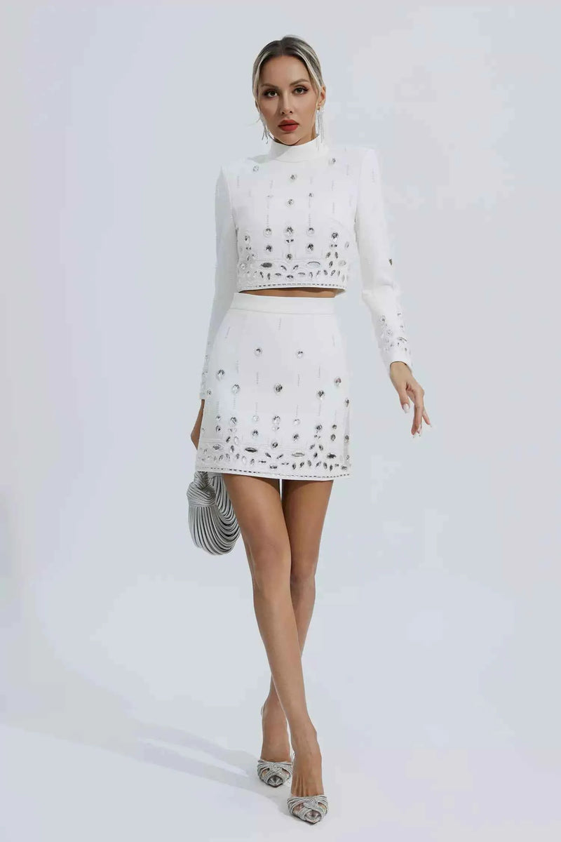 Conjunto com pedrarias em cristal e cropped de manga longa branco Cecelia VIEUX OFICIAL