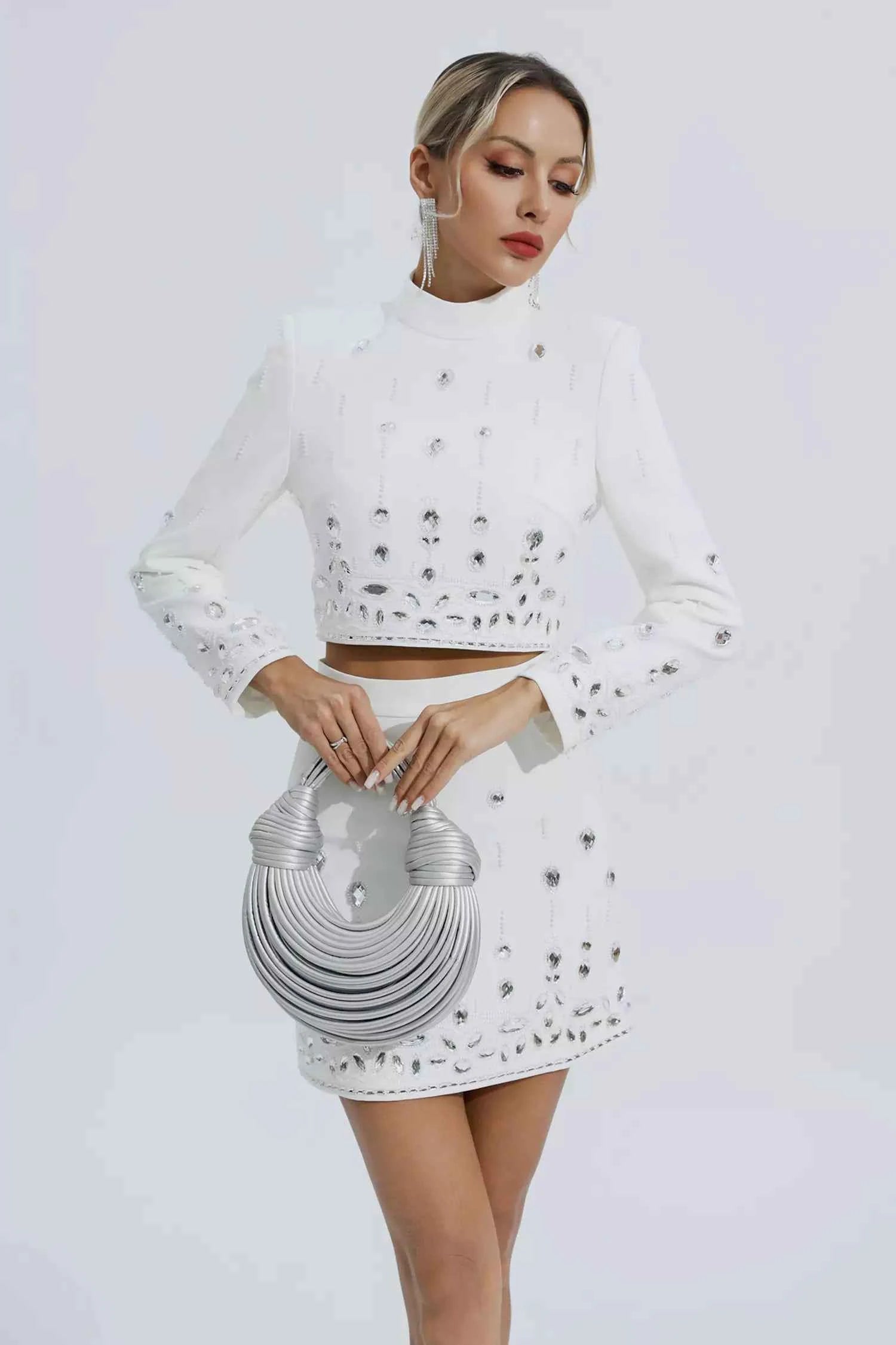 Conjunto com Pedrarias em Cristal e Cropped de Manga Longa – Cecelia VIEUX OFICIAL