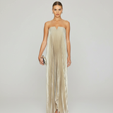 Vestido de Festa Longo Plissado Metalizado Tomara que Caia Evasê – Olympia