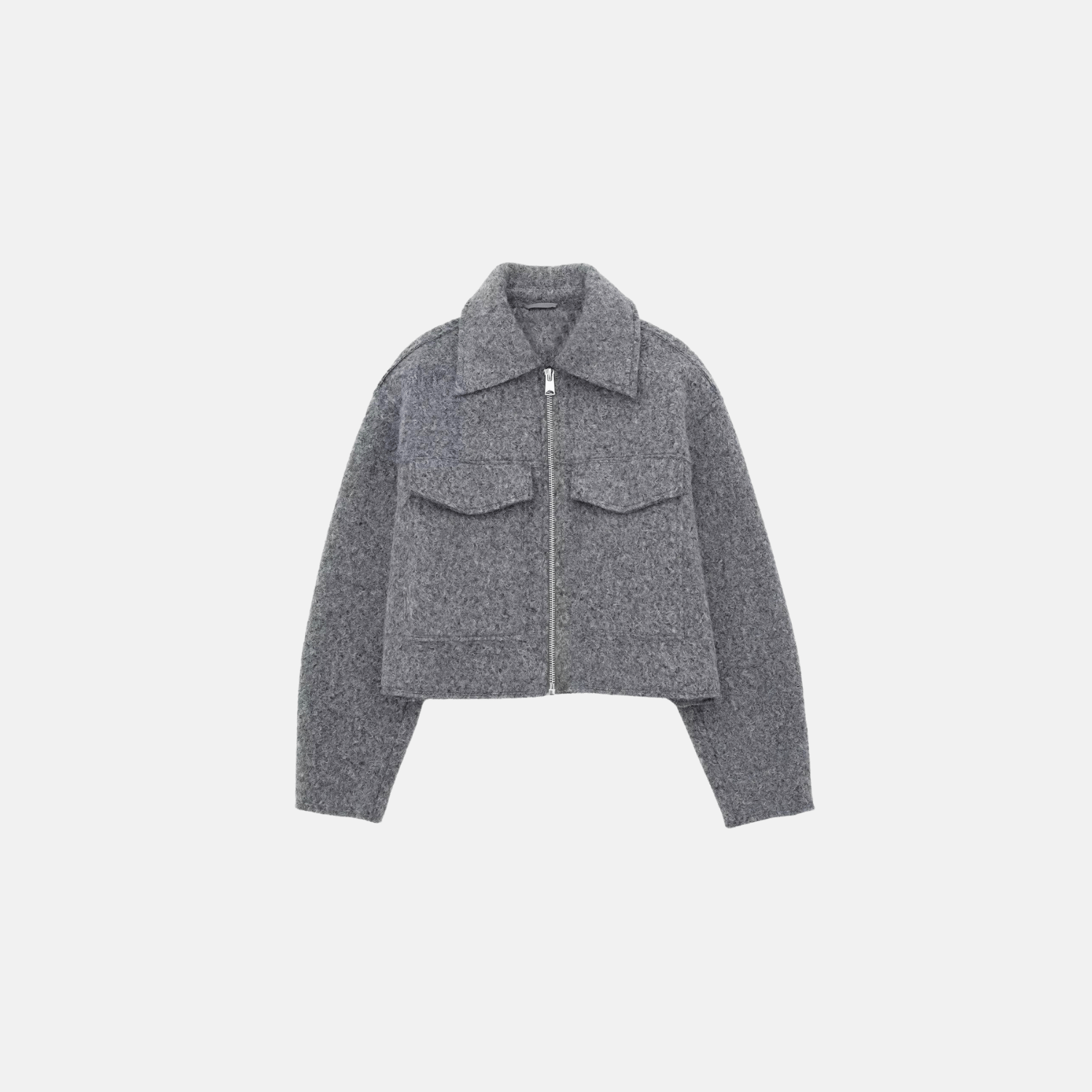 Jaqueta Cropped Feminina de Lã com Zíper Frontal e Bolsos Utilitários Cinza – Favier - VIEUX OFICIAL