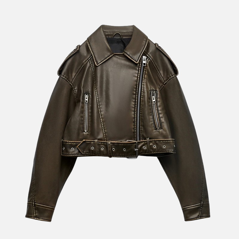 Jaqueta de couro biker cropped com efeito vintage preta Cuir VIEUX OFICIAL