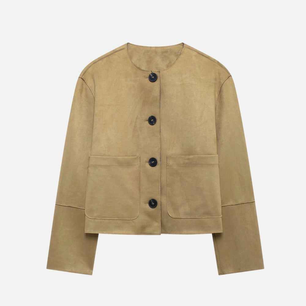 Jaqueta Feminina Cropped Suede com Botões e Bolsos Frontais – Vittoria
