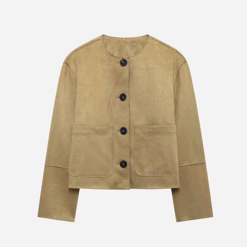 Jaqueta feminina cropped de suede com botões frontais Maël VIEUX OFICIAL