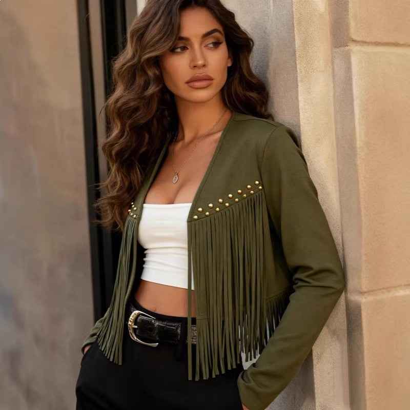 Jaqueta Feminina Curta de Camurça Manga Longa com Franjas e Tachas – Ironwood