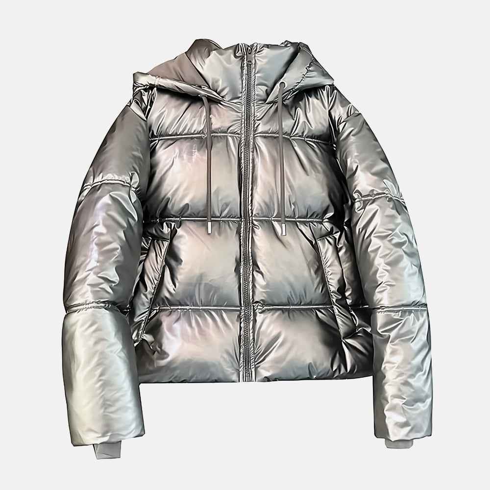 Jaqueta Feminina Puffer Metalizada com Capuz e Gola Alta – Aurora