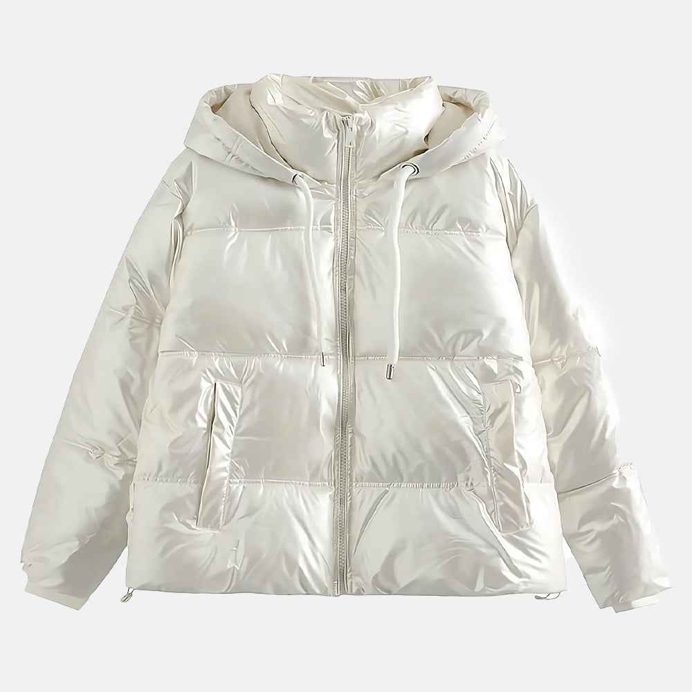 Jaqueta Feminina Puffer Metalizada com Capuz e Gola Alta – Aurora