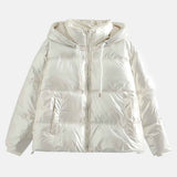 Jaqueta Feminina Puffer Metalizada com Capuz e Gola Alta – Aurora