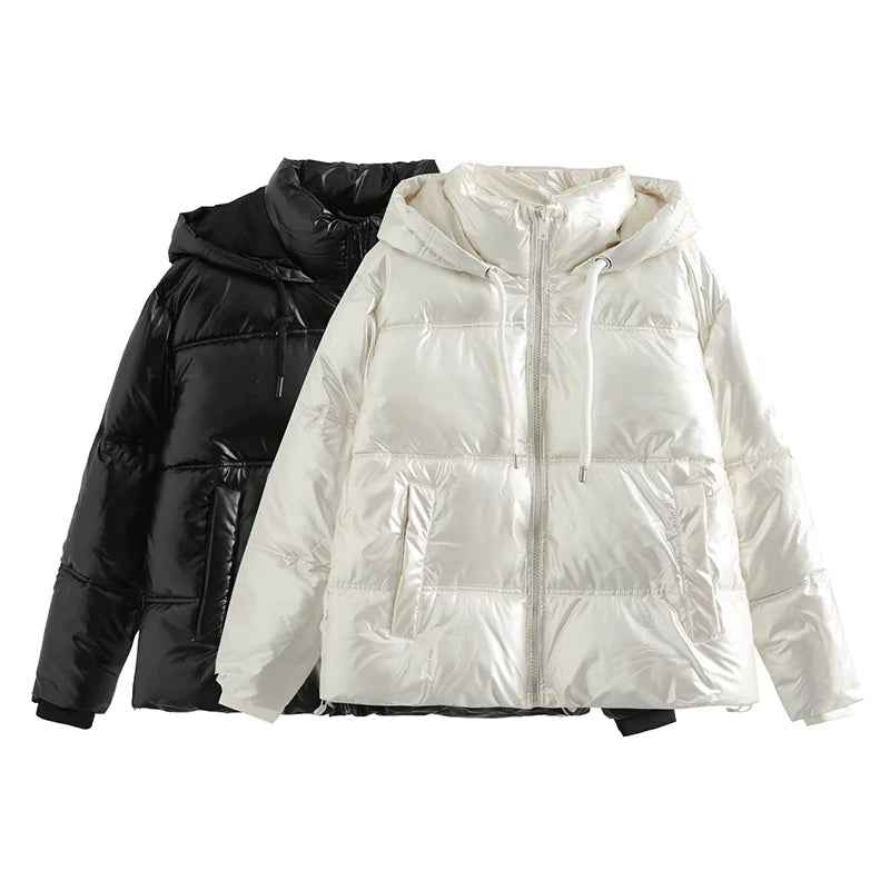 Jaqueta Feminina Puffer Metalizada com Capuz e Gola Alta – Aurora