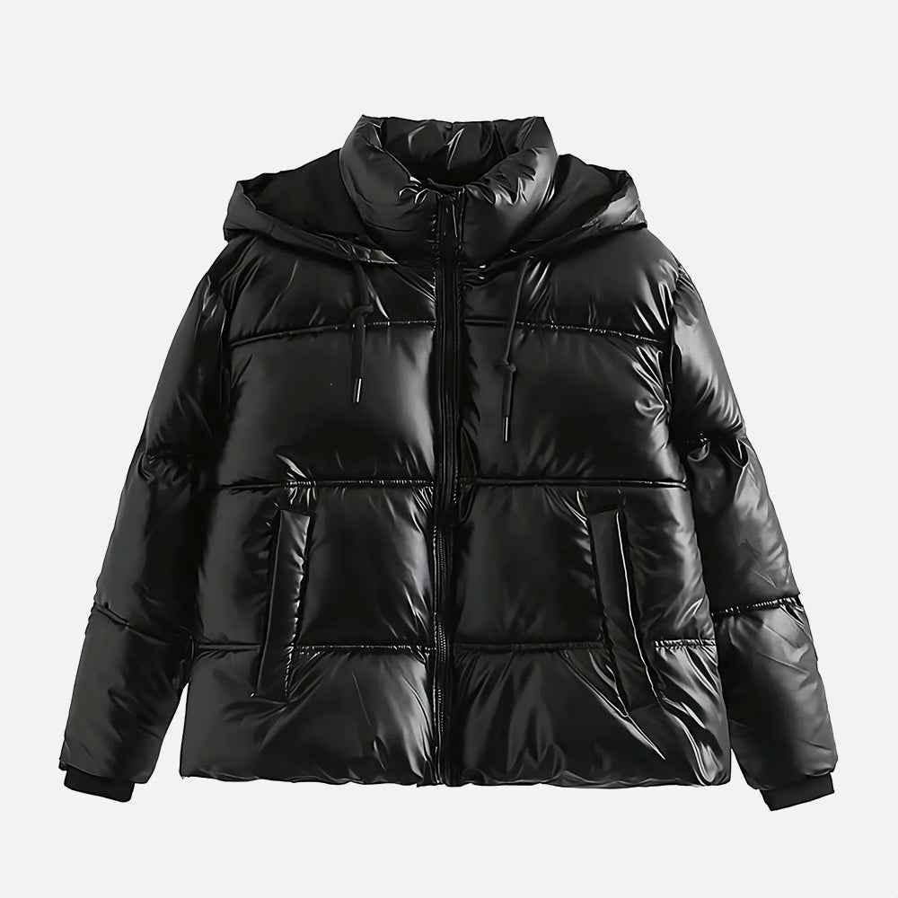 Jaqueta Feminina Puffer Metalizada com Capuz e Gola Alta – Aurora