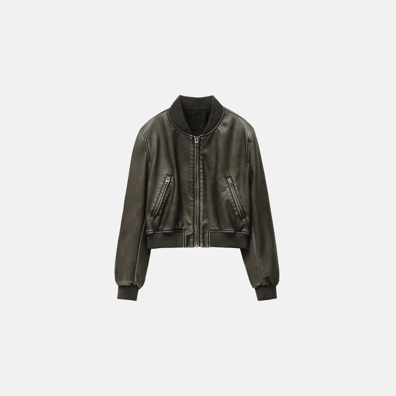 Jaqueta feminina bomber cropped em couro sintético preto com zíper Megane VIEUX OFICIAL