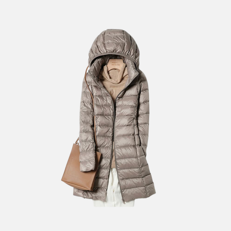 Jaqueta puffer feminina alongada caqui com capuz e pluma de ganso Pafett VIEUX OFICIAL