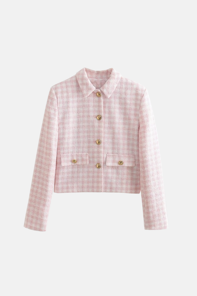 Jaqueta cropped de tweed rosa com botões dourados Raffin VIEUX OFICIAL