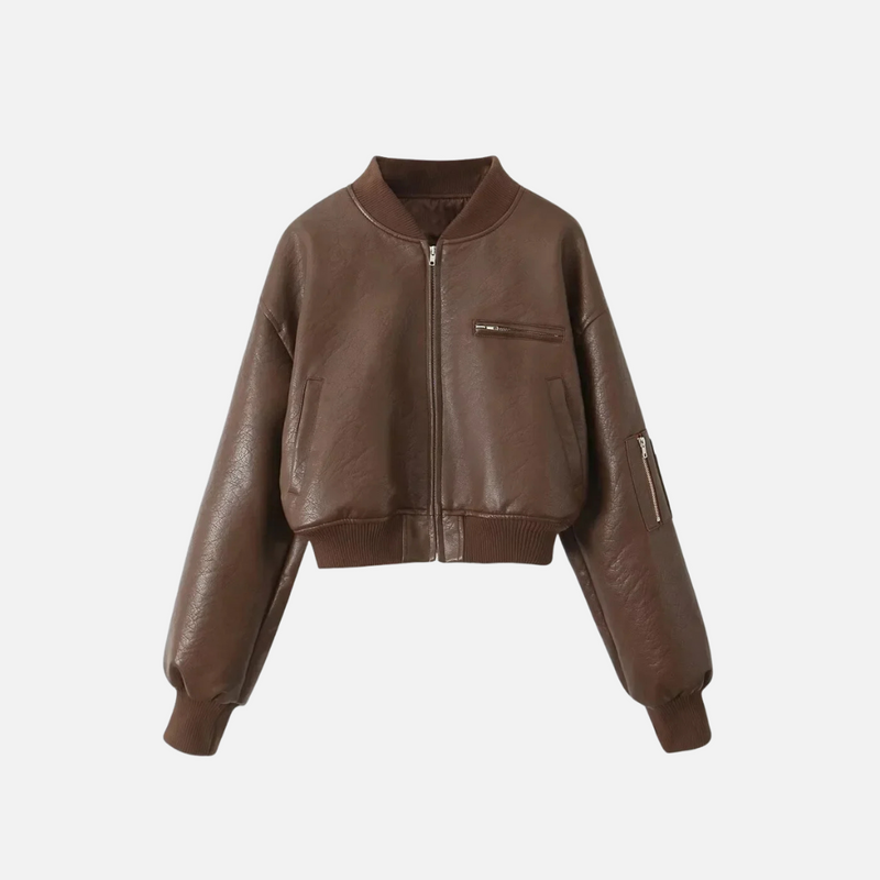 Jaqueta bomber cropped de couro ecológico marrom Souffle VIEUX OFICIAL