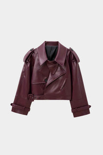 Jaqueta de couro feminina cropped estilo biker com cinto Bisou VIEUX OFICIAL