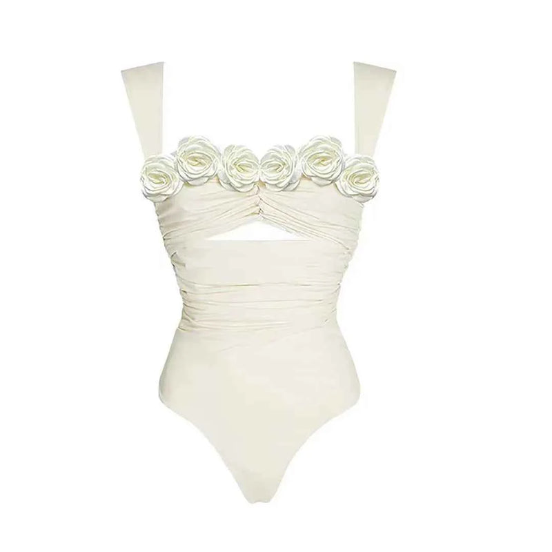 Maiô body drapeado com recorte e aplicação de rosas 3D off white Abadie VIEUX OFICIAL