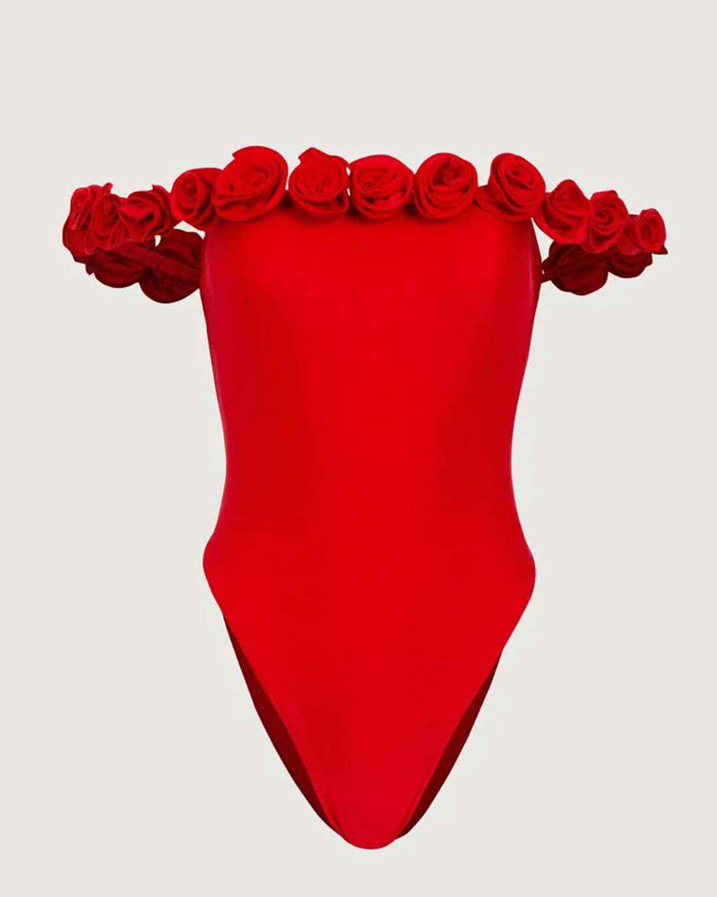 Maiô body tomara que caia com aplicação de rosas 3D off white Smeralda VIEUX OFICIAL