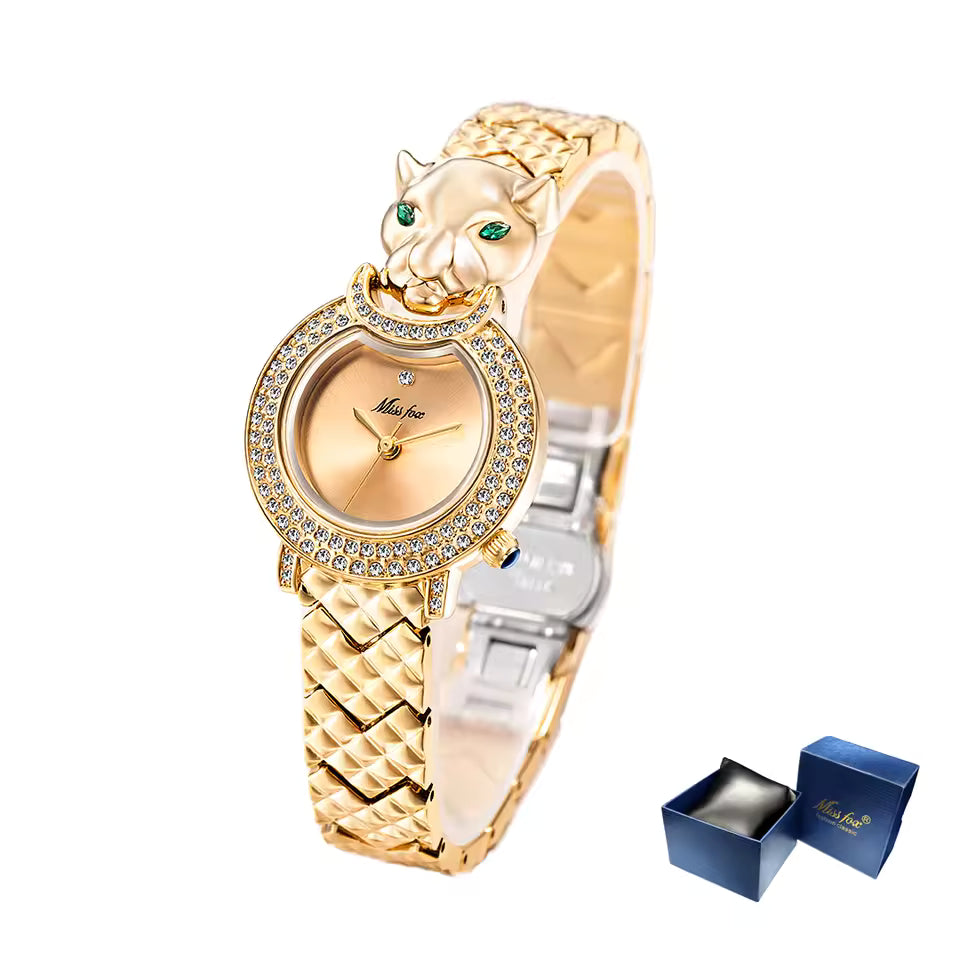 Relógio feminino dourado de luxo com design felino e cristais Félin d’Or Lyon VIEUX OFICIAL