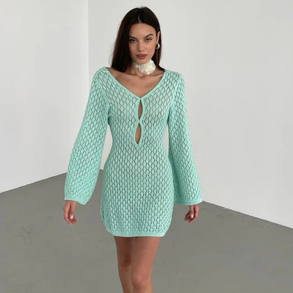 Saída de Praia Vestido Curto de Tricô Manga Sino – Maldivas VIEUX OFICIAL