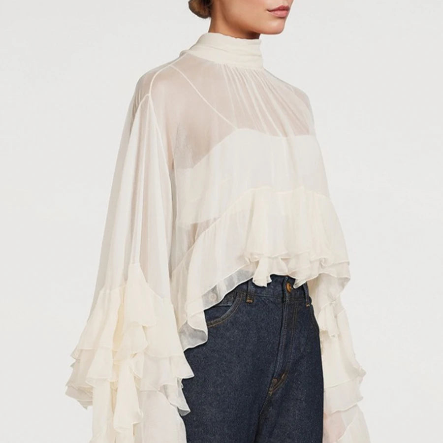 Blusa Feminina Transparente Gola Alta com Mangas Cascata de Babados – Nuvola - VIEUX OFICIAL