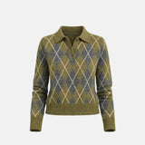 Suéter feminino de tricô com gola polo e estampa xadrez argyle Beatrice VIEUX OFICIAL