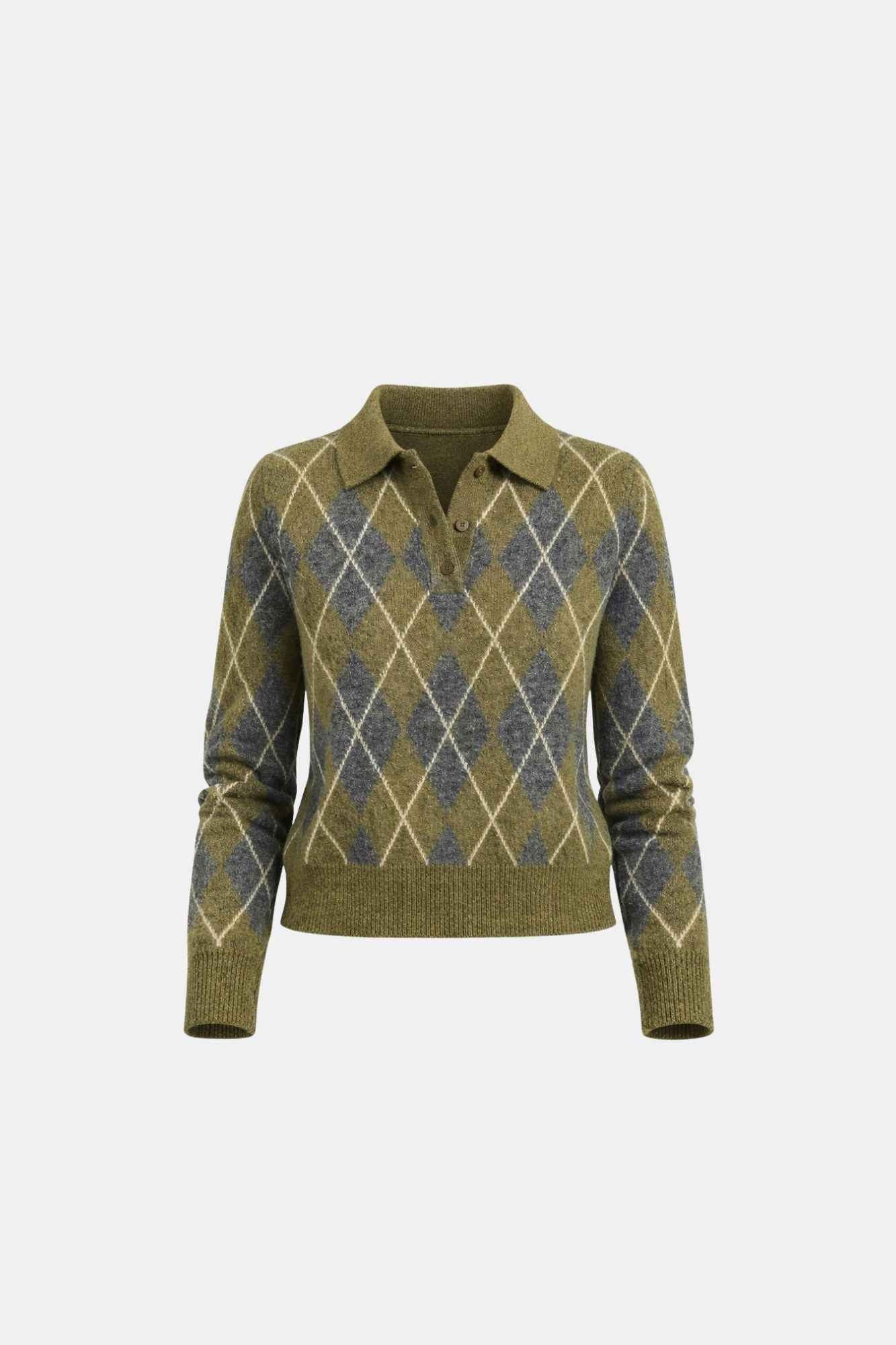 Suéter feminino de tricô com gola polo e estampa xadrez argyle Beatrice VIEUX OFICIAL