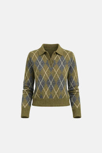 Suéter feminino de tricô com gola polo e estampa xadrez argyle Beatrice VIEUX OFICIAL