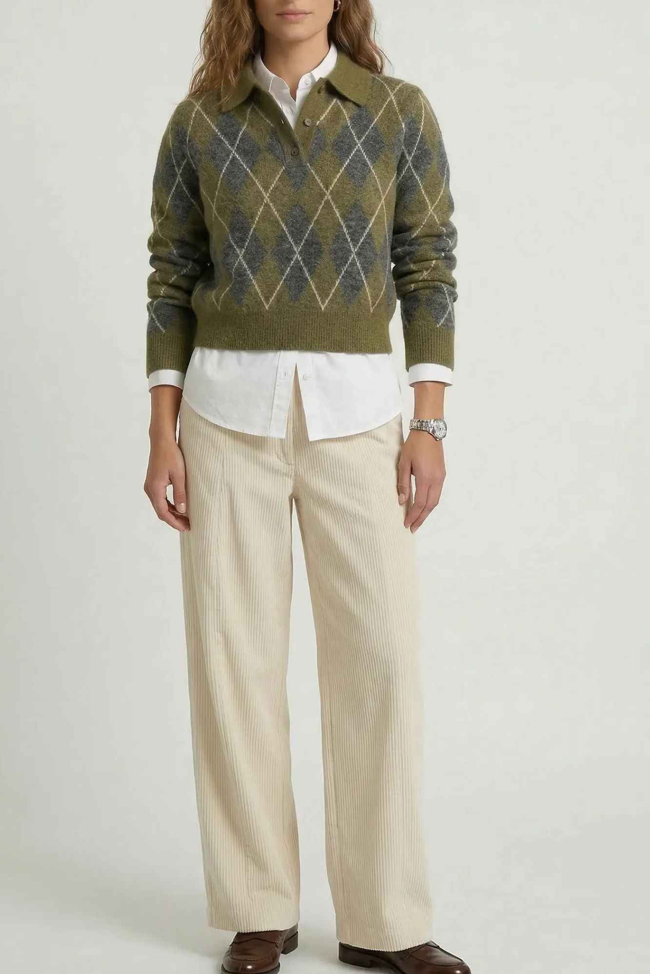 Suéter Feminino de Tricô Gola Polo com Estampa Xadrez Argyle – Beatrice