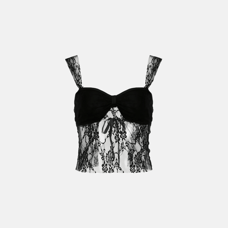 Top corset preto curto em tule com renda floral e laço central Basic VIEUX OFICIAL