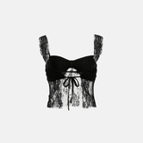 Top Corset Preto Curto em Tule com Renda Floral e Laço Central – Joubert VIEUX OFICIAL