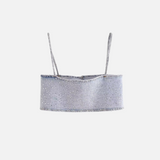 Top Cropped de Jeans com Alças Finas e Aplicações de Strass – Lumière VIEUX OFICIAL