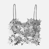 Top Feminino Metálico Prateado com Aplicações de Estrelas Espelhadas – Marjorie VIEUX OFICIAL