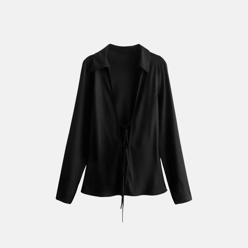 Camisa feminina com decote V profundo e amarração frontal preta Juno VIEUX OFICIAL