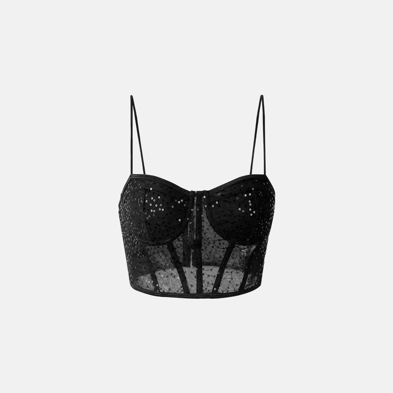 Top cropped preto de tule com lantejoulas estilo corset Vaccares VIEUX OFICIAL