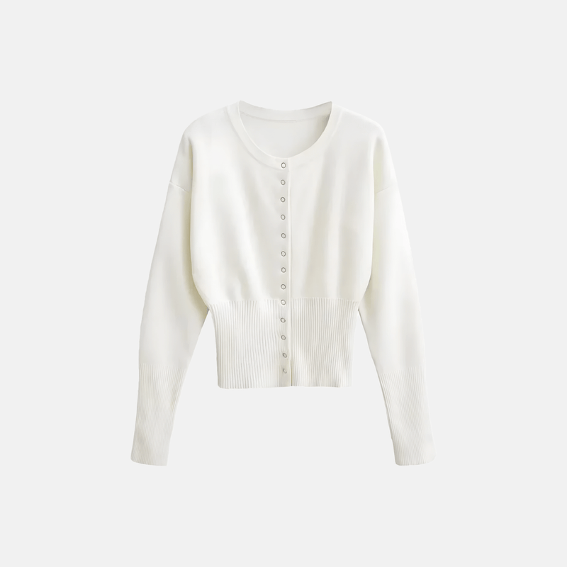 Cardigan cropped de tricô com cintura marcada e botões branco Vitale VIEUX OFICIAL