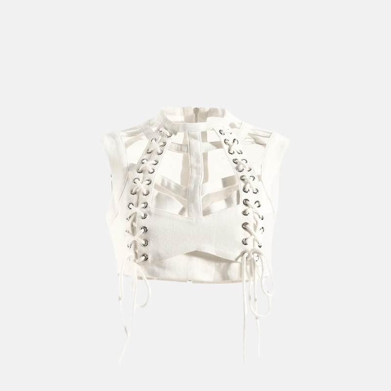 Top cropped estruturado com recortes e amarração corset branco Zebda VIEUX OFICIAL