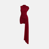Vestido Curto Drapeado Assimétrico com Cauda Lateral e Gola Alta – Sienna