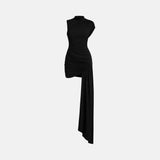 Vestido Curto Drapeado Assimétrico com Cauda Lateral e Gola Alta – Sienna