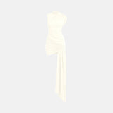 Vestido Curto Drapeado Assimétrico com Cauda Lateral e Gola Alta – Sienna