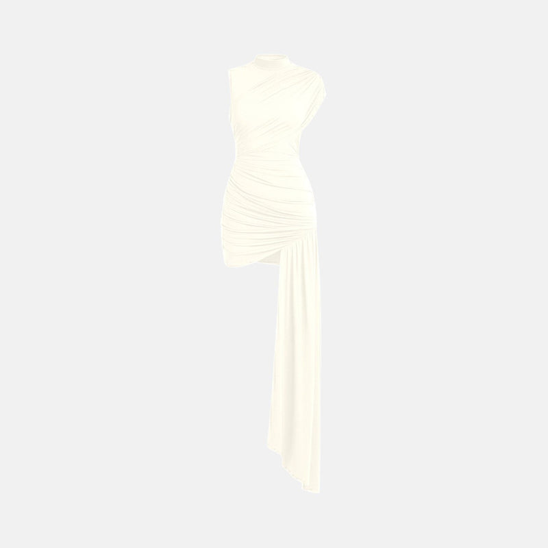 Vestido Curto Drapeado Assimétrico com Cauda Lateral e Gola Alta – Sienna VIEUX OFICIAL