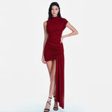 Vestido Curto Drapeado Assimétrico com Cauda Lateral e Gola Alta – Sienna