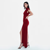 Vestido Curto Drapeado Assimétrico com Cauda Lateral e Gola Alta – Sienna