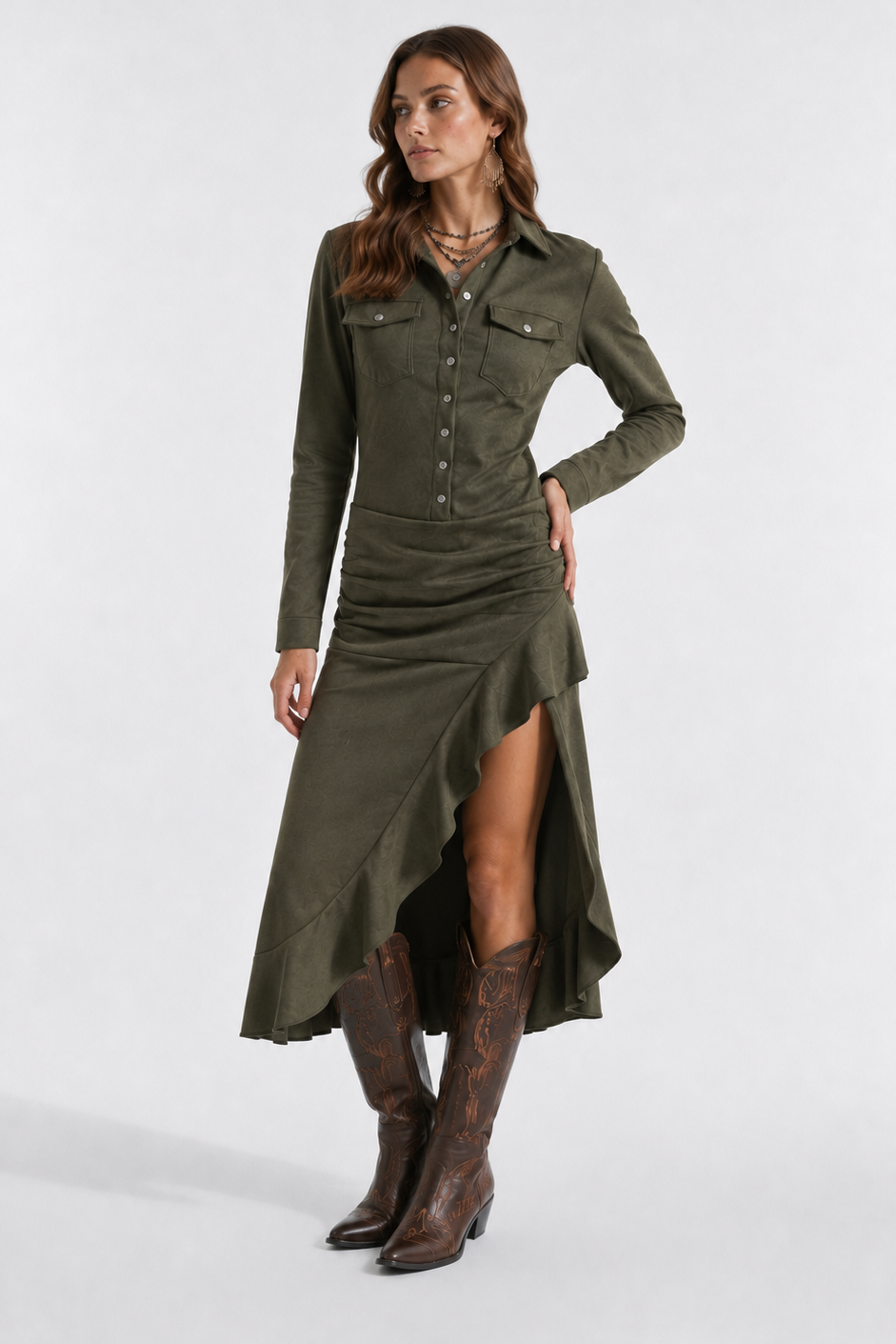 Vestido Feminino Saia Longa Assimétrica e Camisa Manga Longa em Camurça – Quimera