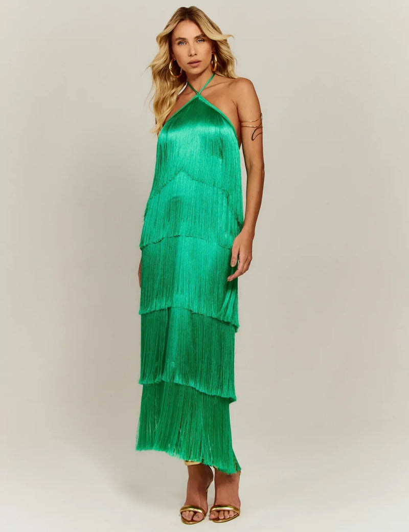 Vestido Feminino de Festa Elegante Longo Com Franjas Verde - Montmartre - VIEUX OFICIAL