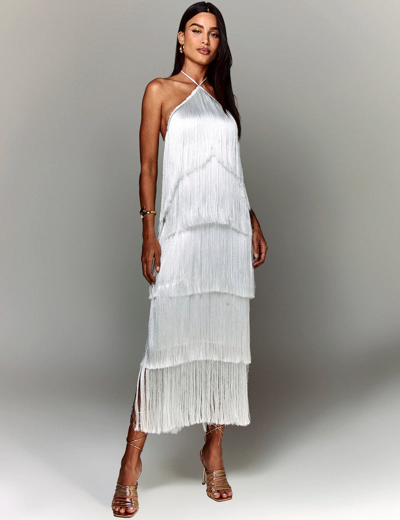 Vestido midi de festa elegante com franjas champanhe Montmartre VIEUX OFICIAL