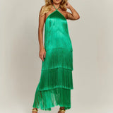 Vestido Feminino de Festa Elegante Longo Com Franjas Verde- Montmartre - VIEUX OFICIAL
