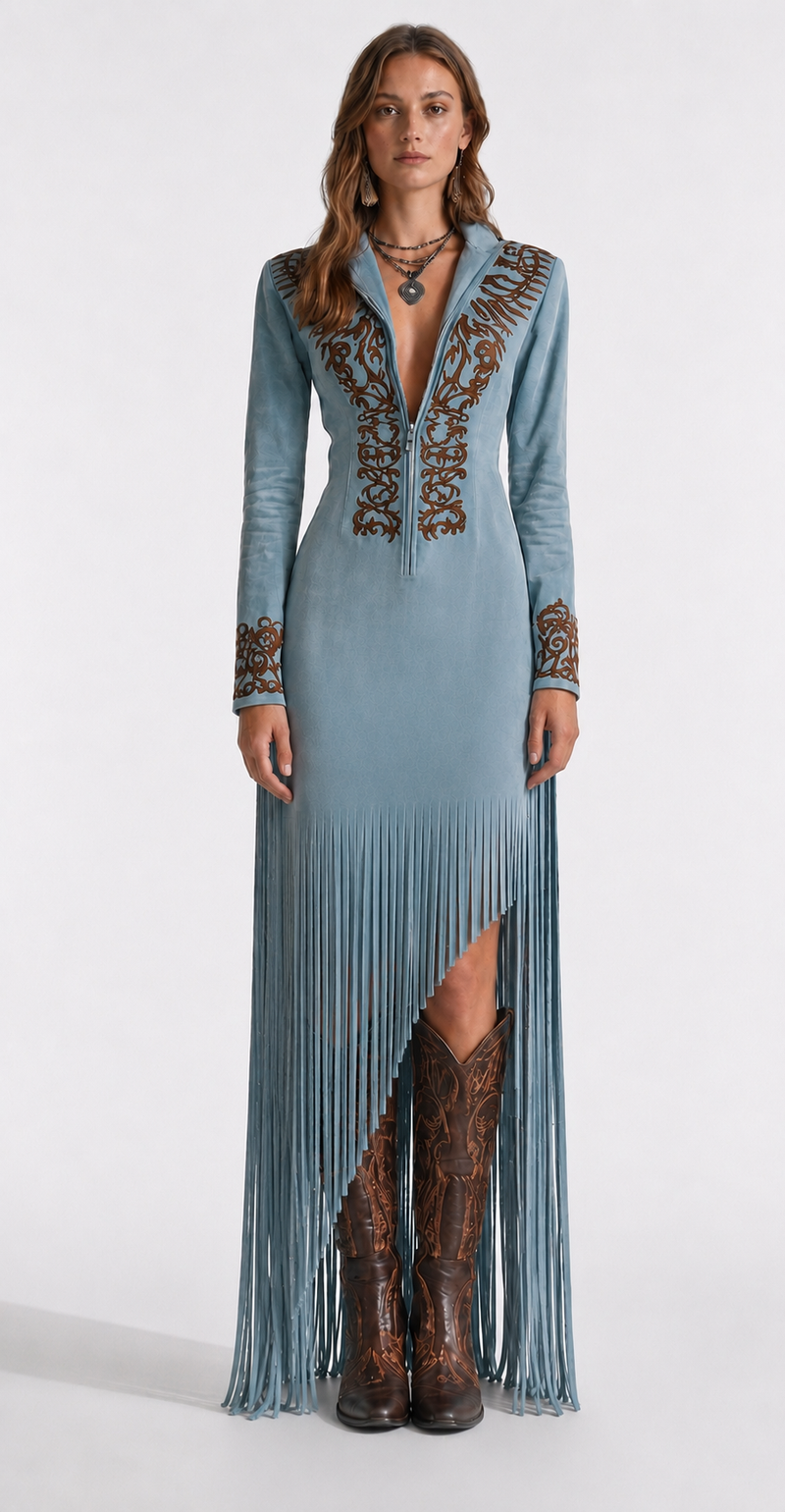 Vestido longo country com franjas e bordado western Sauvage VIEUX OFICIAL