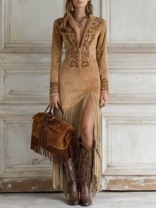 Vestido Longo Country Feminino com Franjas, Bordado Western e Manga Longa – Maison Sauvage