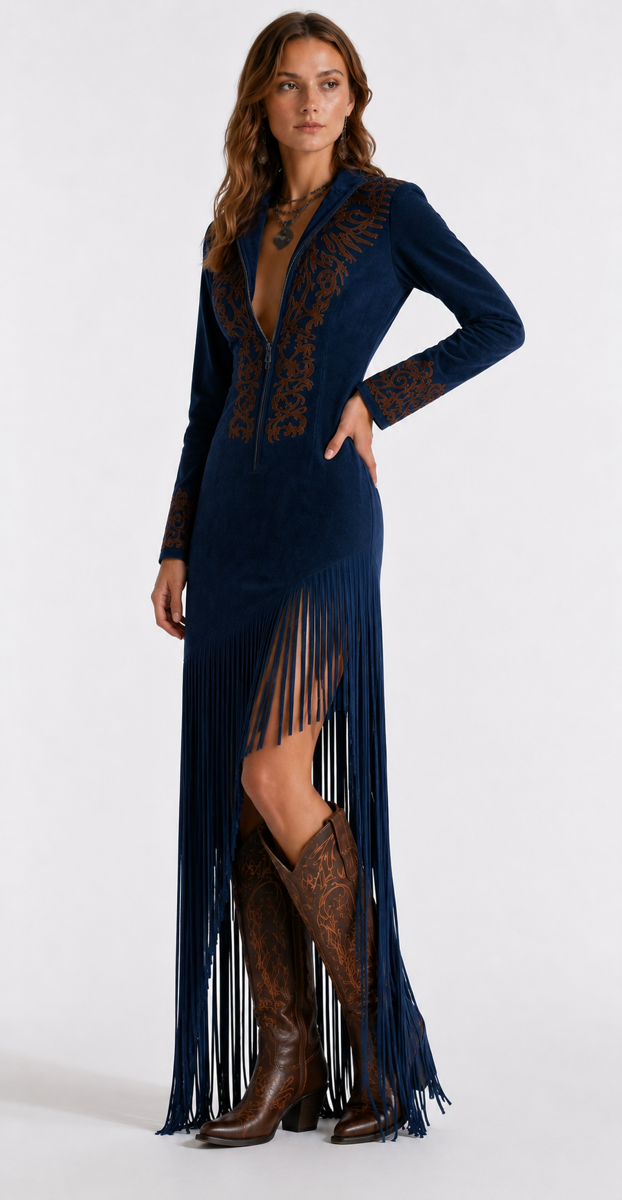 Vestido Longo Country Feminino com Franjas, Bordado Western e Manga Longa – Maison Sauvage VIEUX OFICIAL