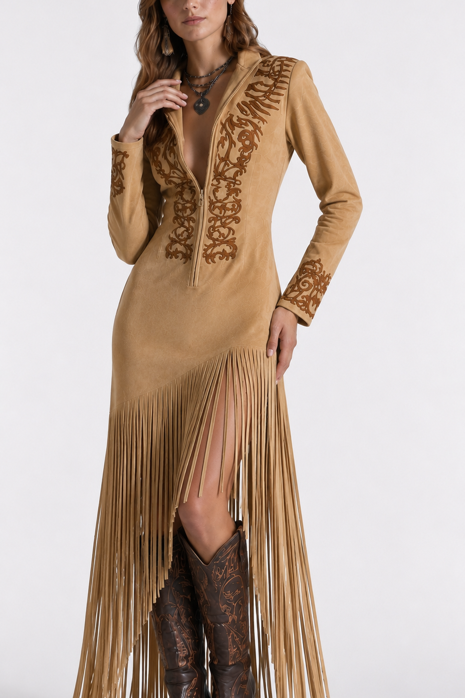 Vestido Longo Country Feminino com Franjas, Bordado Western e Manga Longa – Maison Sauvage